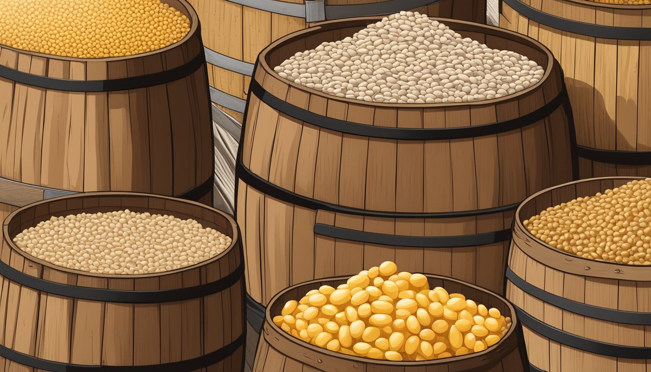 Soybeans and wheat fermenting in large wooden barrels, surrounded by koji mold and brine