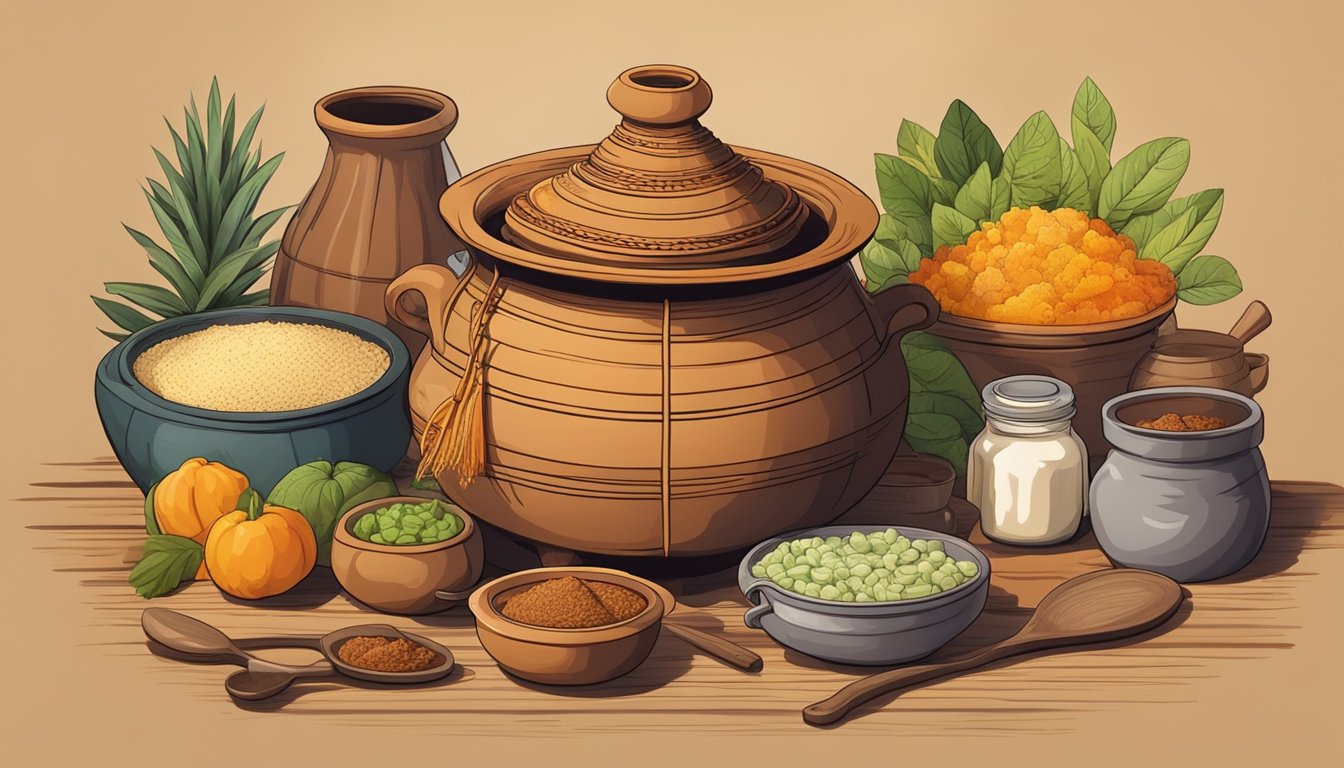 A clay pot filled with chicha sits covered on a wooden table, surrounded by various ingredients and utensils for the fermentation process