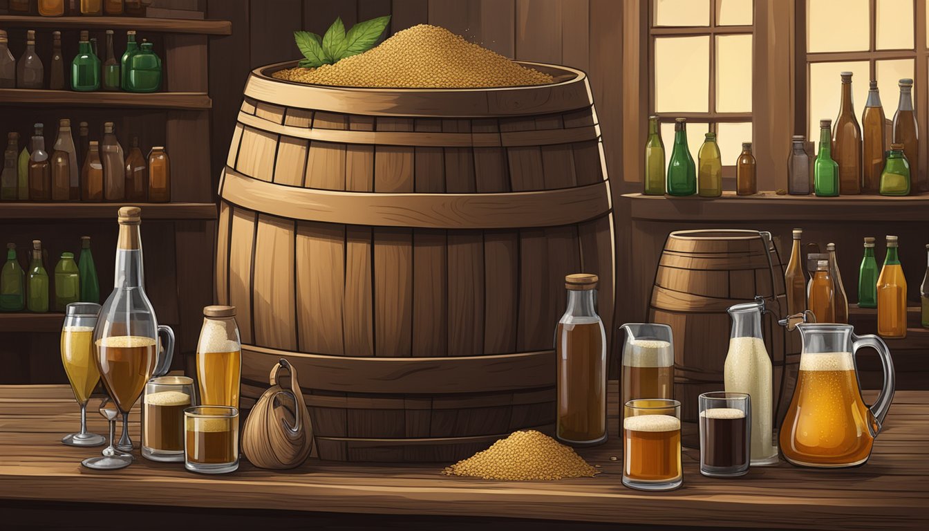 A wooden barrel filled with fermenting chicha surrounded by various bottles and brewing equipment