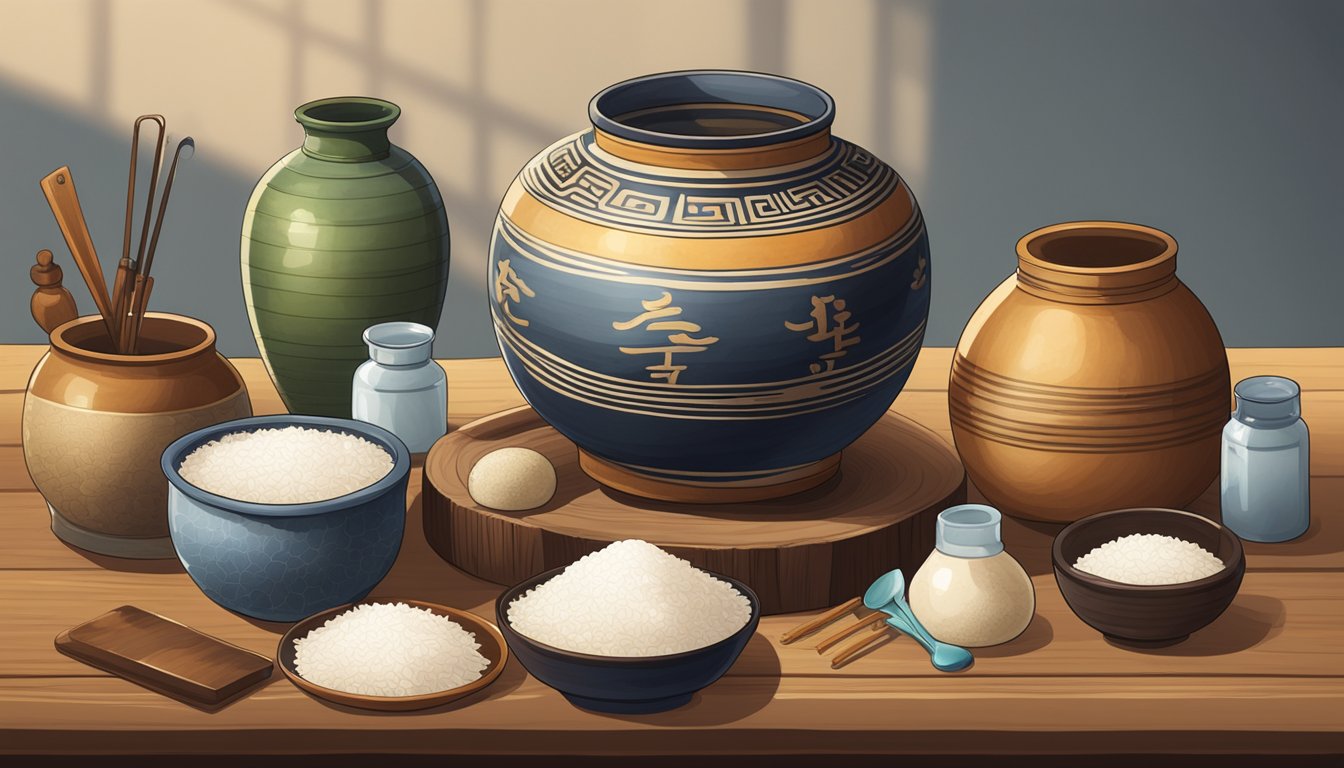 A traditional Korean earthenware jar sits on a wooden table, filled with rice and water, surrounded by various fermentation ingredients and tools