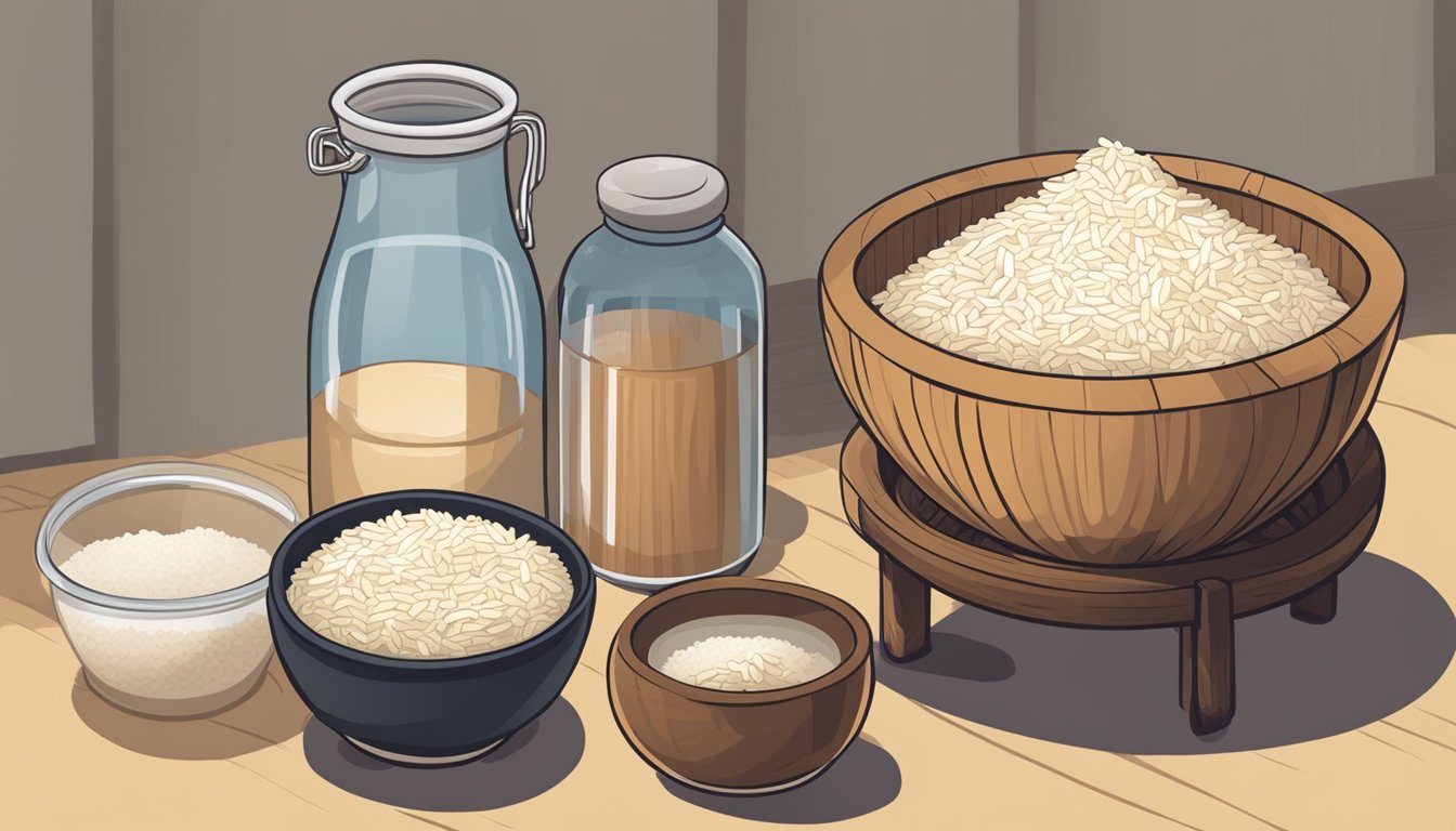 A wooden bowl filled with rice and water, next to a jar of fermenting dongdongju. Ingredients like nuruk and yeast are arranged nearby