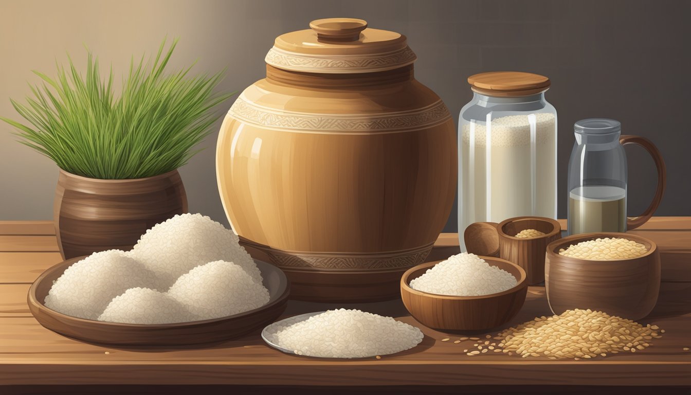 A ceramic jar filled with rice and water, surrounded by various fermentation ingredients like nuruk and yeast, sits on a wooden table