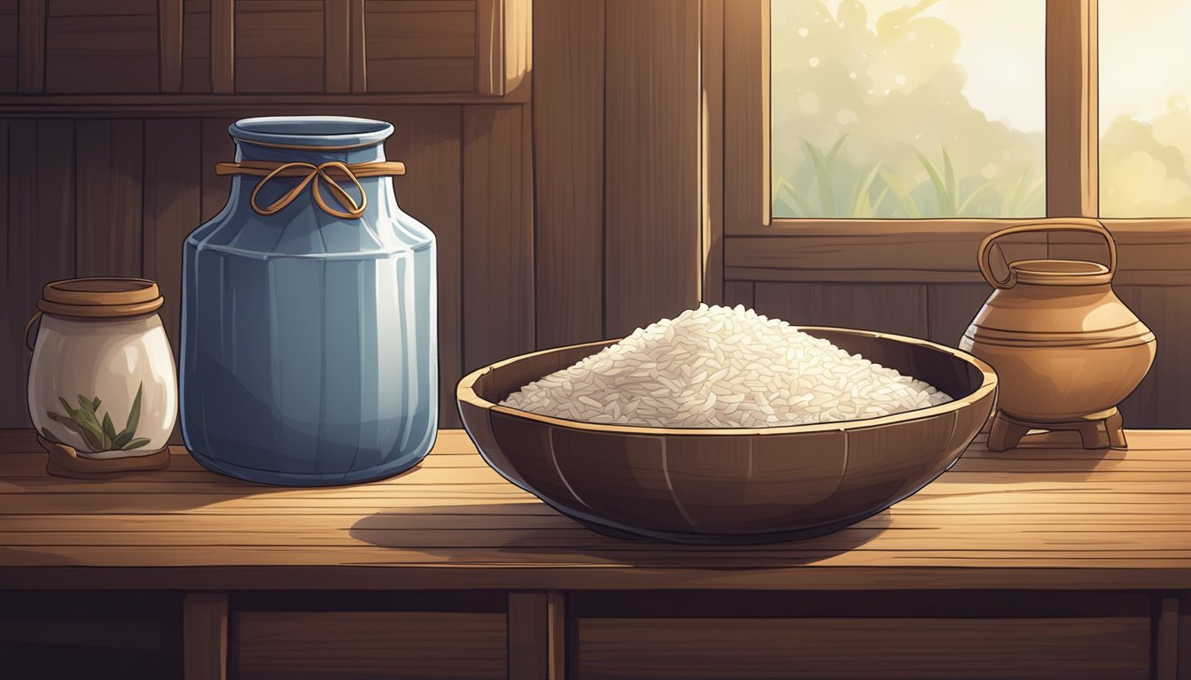 A large ceramic jar filled with rice and water, covered with a cloth and left to ferment on a wooden shelf in a dimly lit room