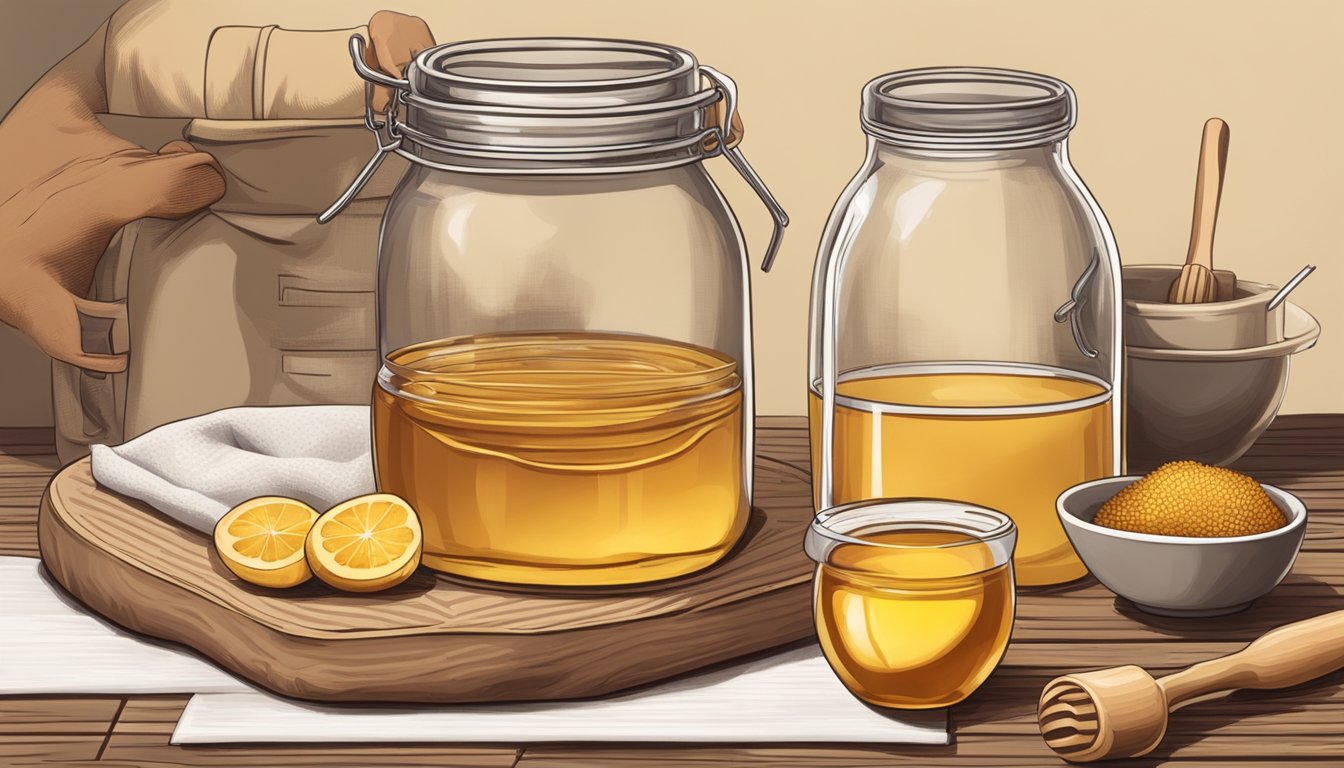 A hand reaching for a jar of honey, a bowl of fruit, and a bag of yeast, set on a wooden table