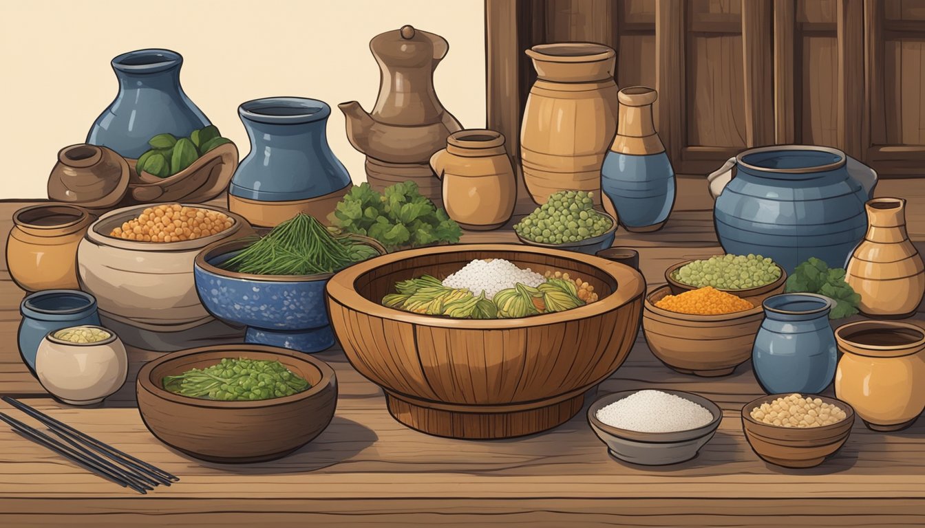 A wooden bowl of dongdongju sits on a rustic table, surrounded by traditional Korean pottery and ingredients used in the fermentation process