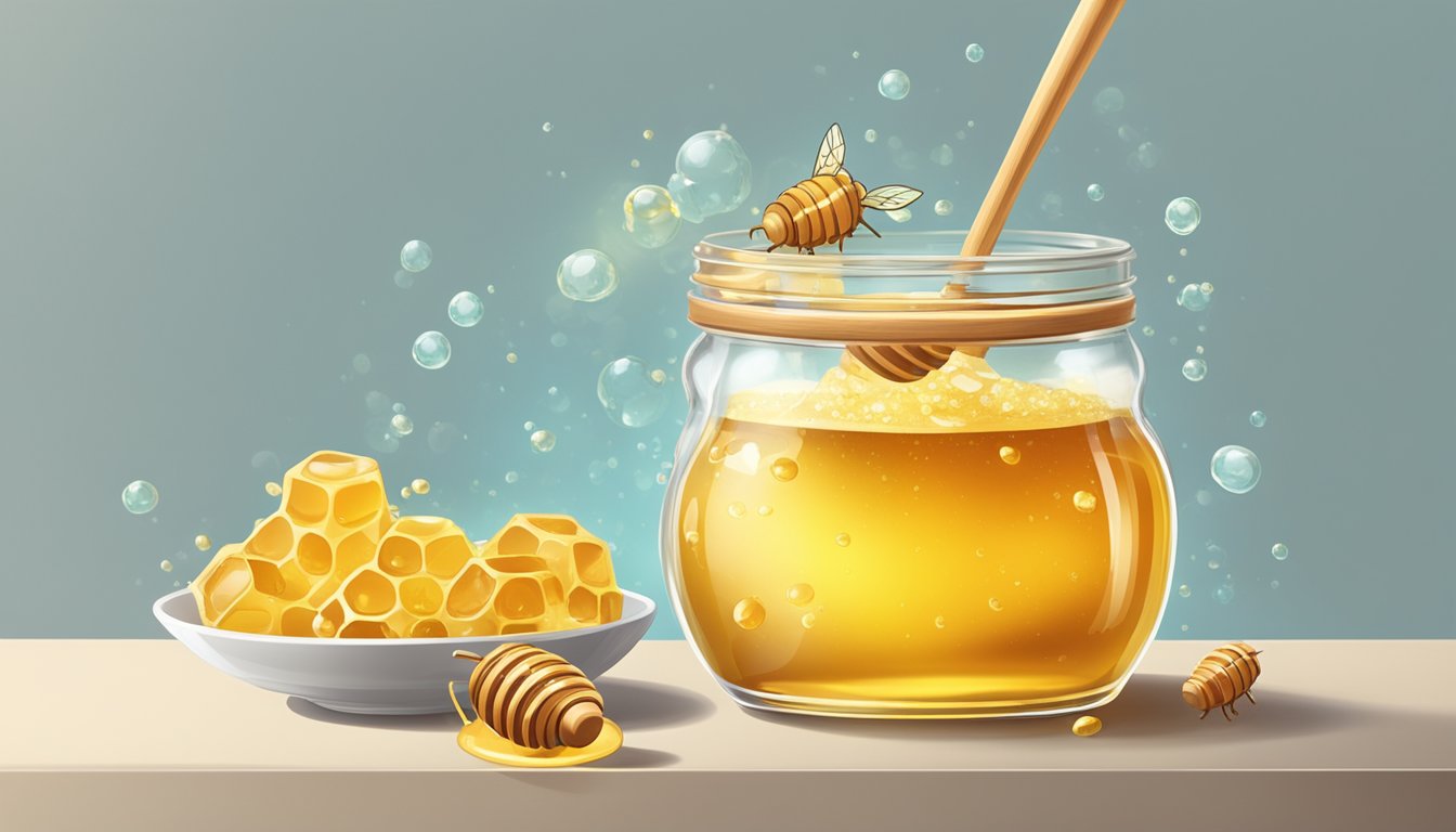 A glass jar filled with honey and water, surrounded by floating yeast and bubbles, sitting on a countertop