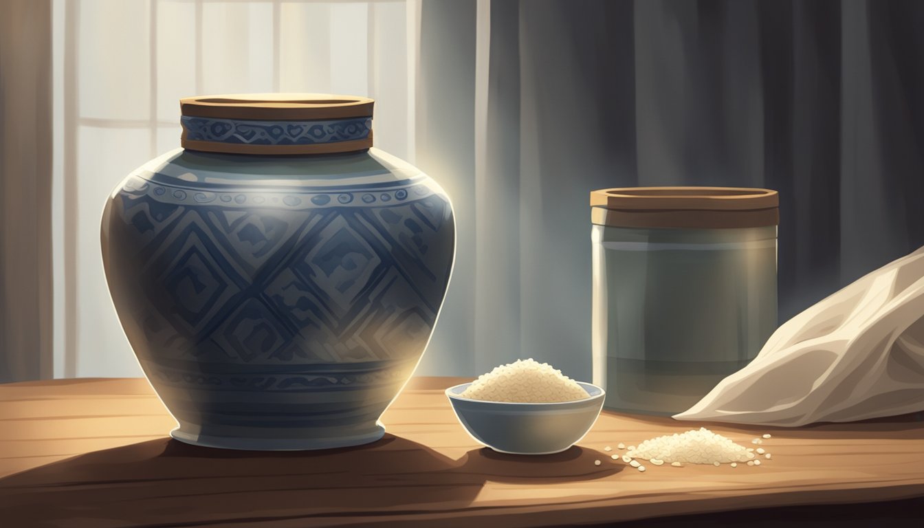 A ceramic jar filled with rice and water, sealed with a cloth and left to ferment in a dimly lit room