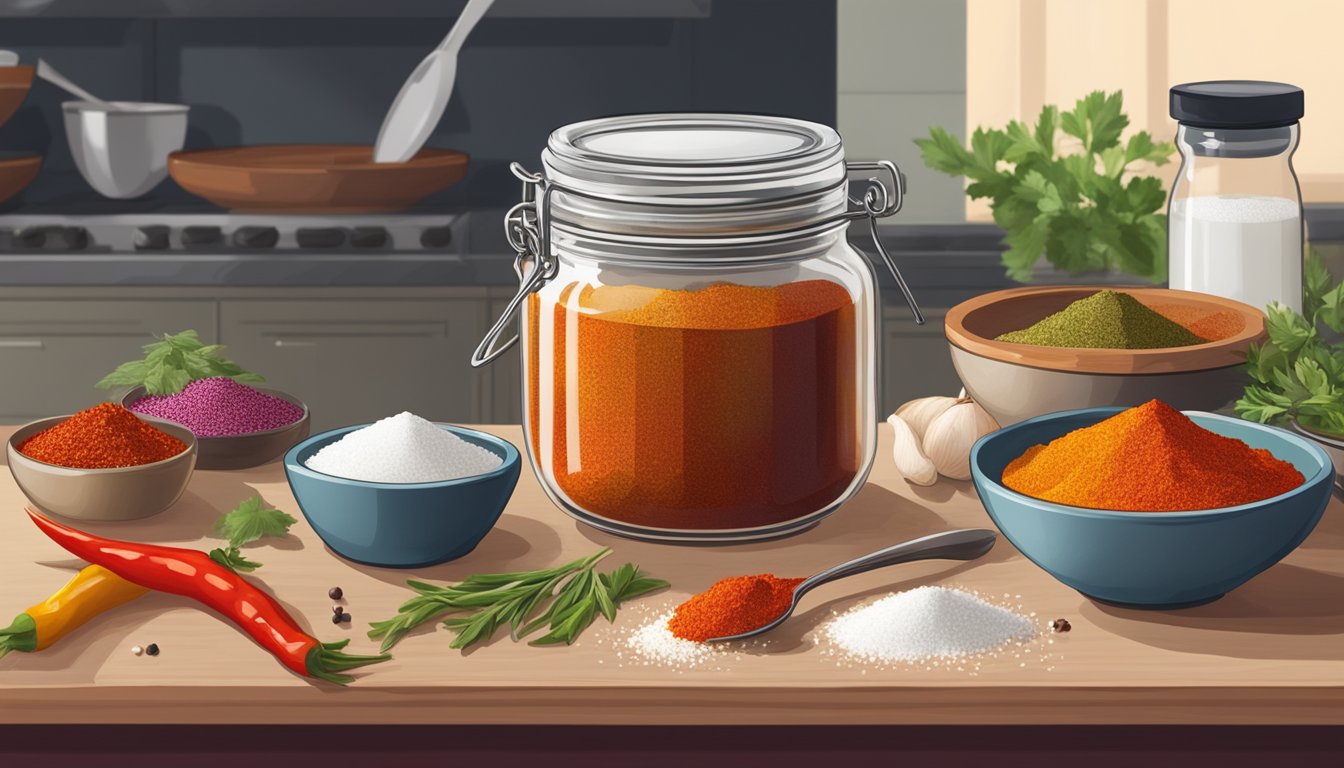 A jar of harissa fermenting on a kitchen counter, surrounded by colorful spices and fresh ingredients. A bowl of salt and a spoon sit nearby