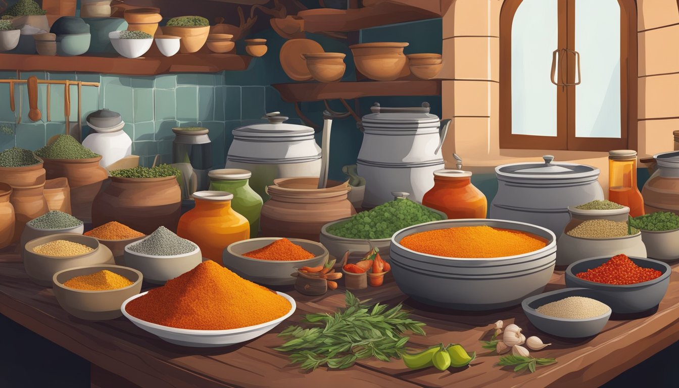 A traditional Moroccan kitchen with various spices and ingredients laid out, including peppers and garlic for fermenting harissa