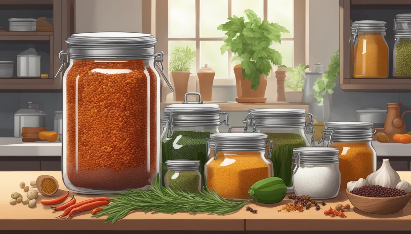 A jar of harissa fermenting on a kitchen counter, surrounded by various spices and ingredients. A small airlock is attached to the jar to release gases during the fermentation process