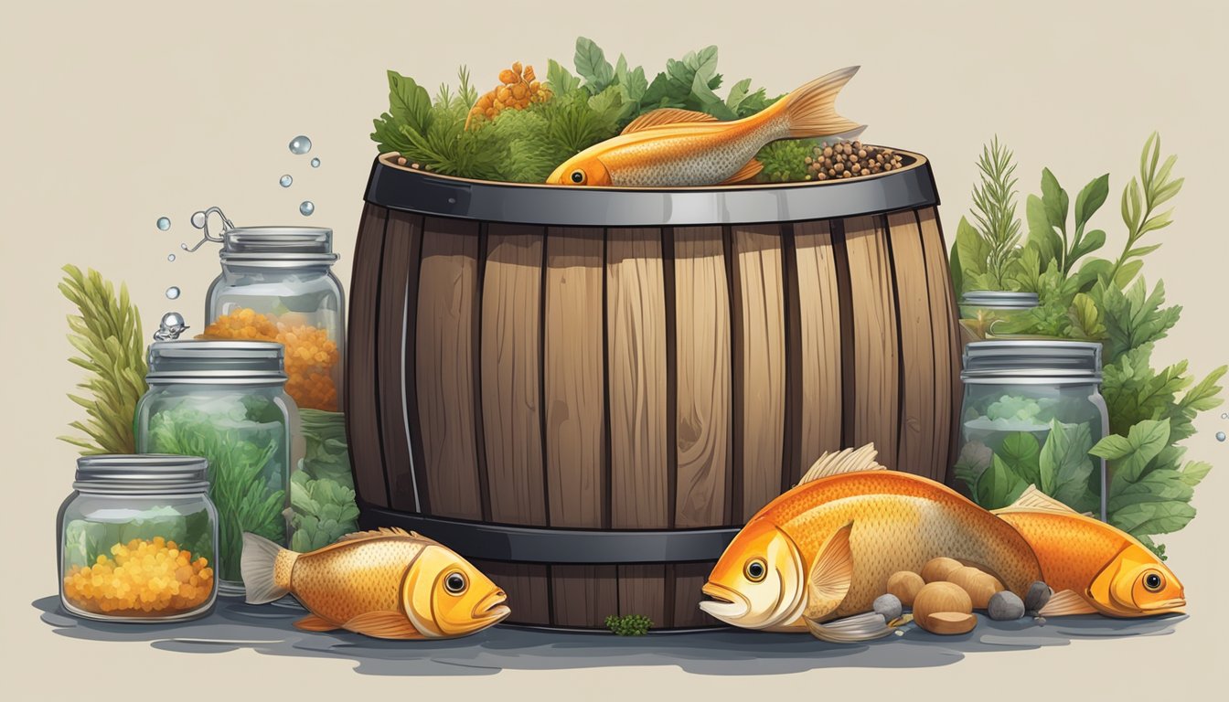 A wooden barrel filled with fish submerged in brine, surrounded by jars of spices and herbs, with a bubbling airlock on top