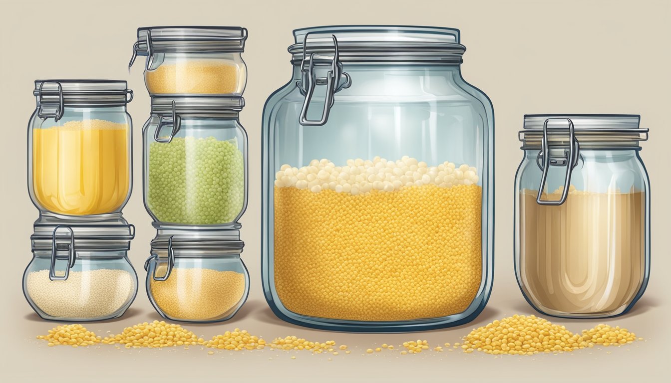 A glass jar filled with fermenting boza, surrounded by various ingredients like millet, wheat, and water, with bubbles forming on the surface