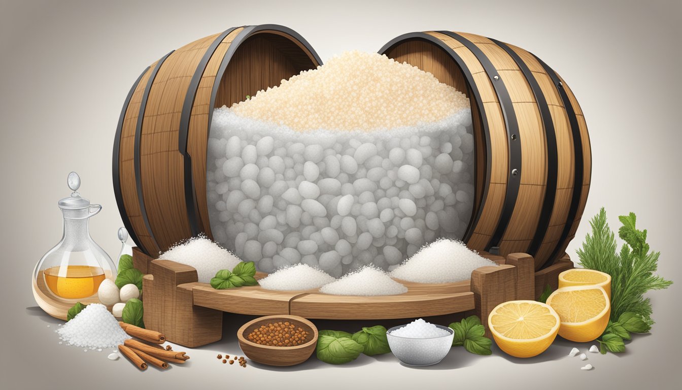 A wooden barrel filled with rakfisk, surrounded by ingredients like salt, sugar, and spices. Bubbling airlock on top indicates active fermentation