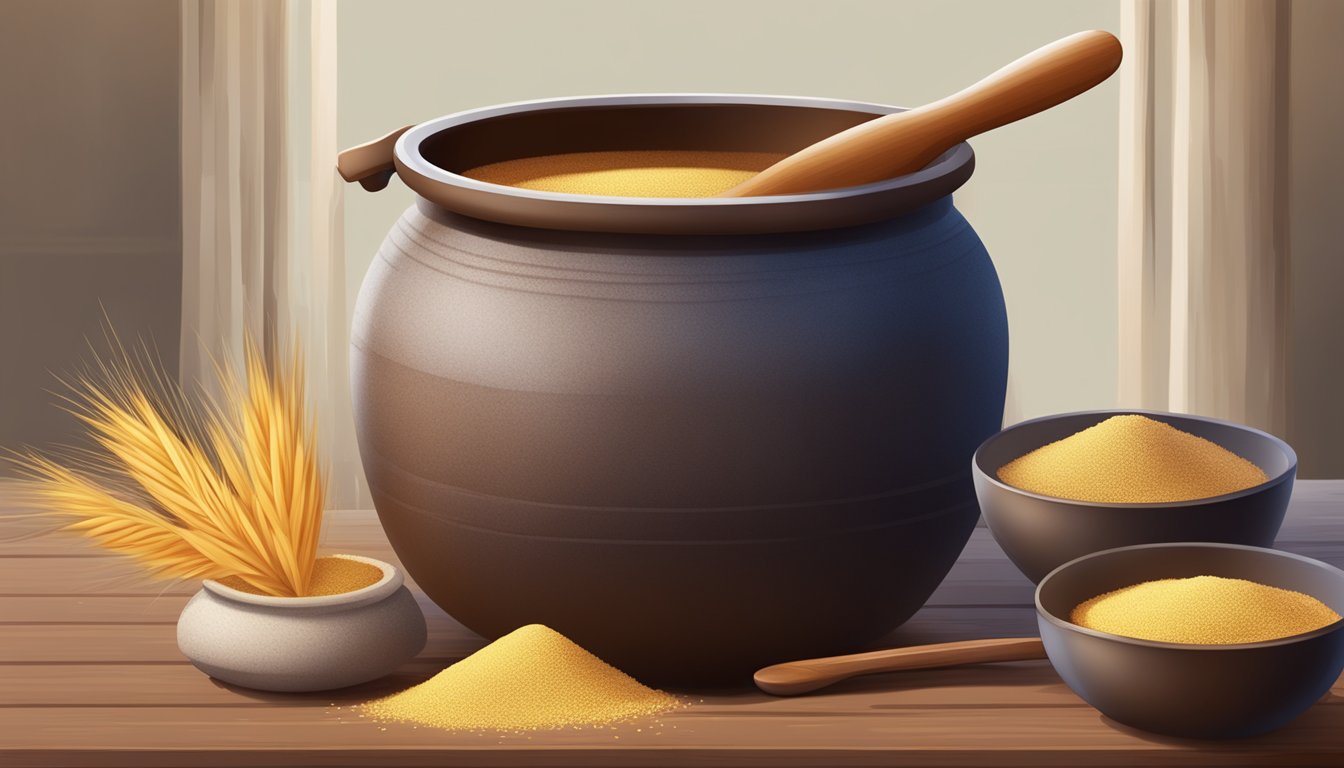 A large clay pot filled with boiling water and millet, with a wooden spoon stirring the mixture