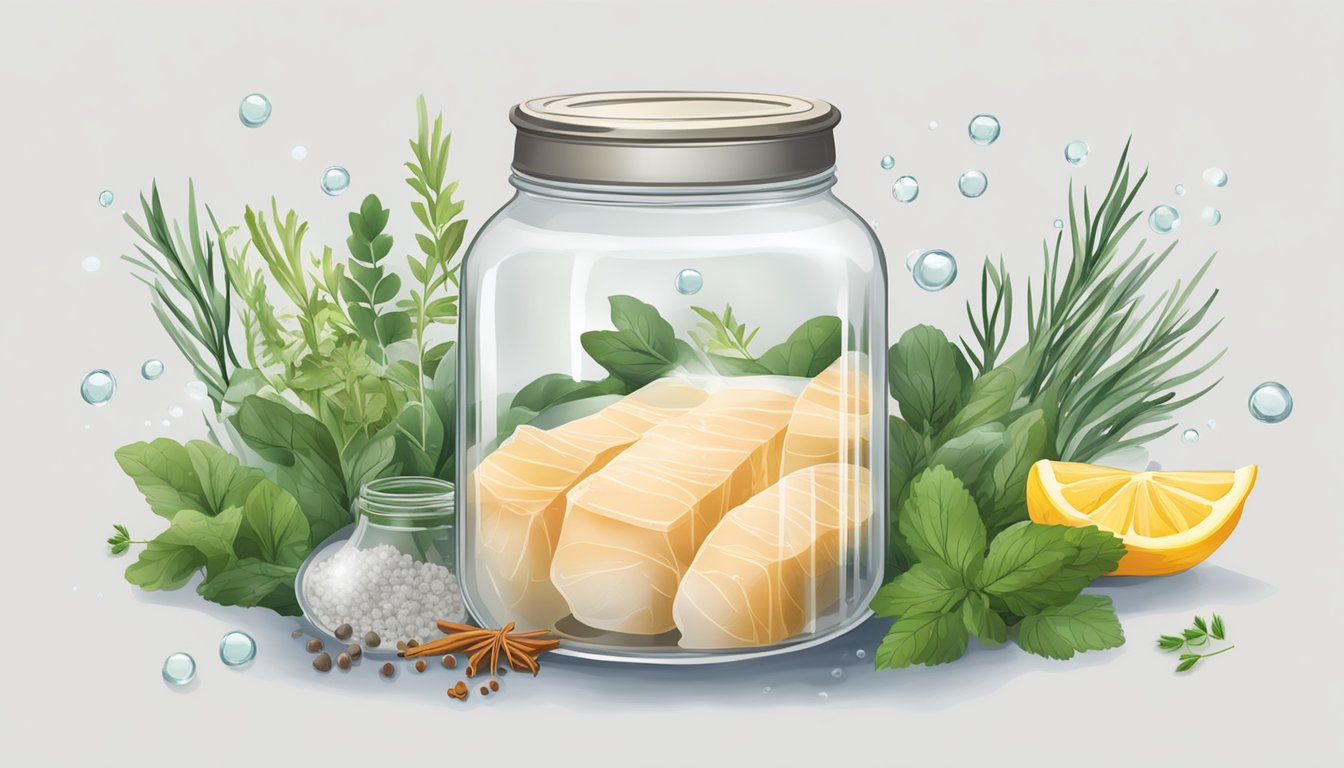 A glass jar filled with rakfisk submerged in brine, surrounded by herbs and spices, with bubbles rising to the surface