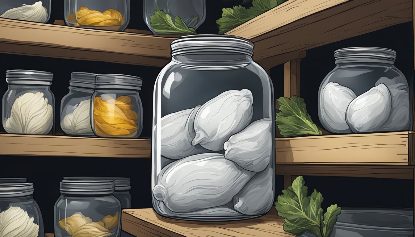 A glass jar filled with rakfisk sits on a shelf in a cool, dark storage room, safely fermenting for several months