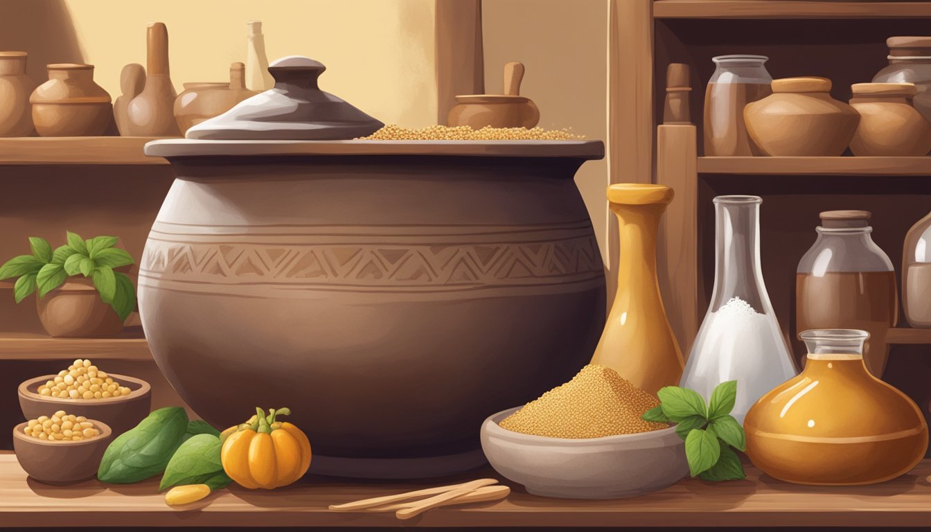 A large clay pot filled with boza sits on a wooden shelf, surrounded by various fermentation tools and ingredients