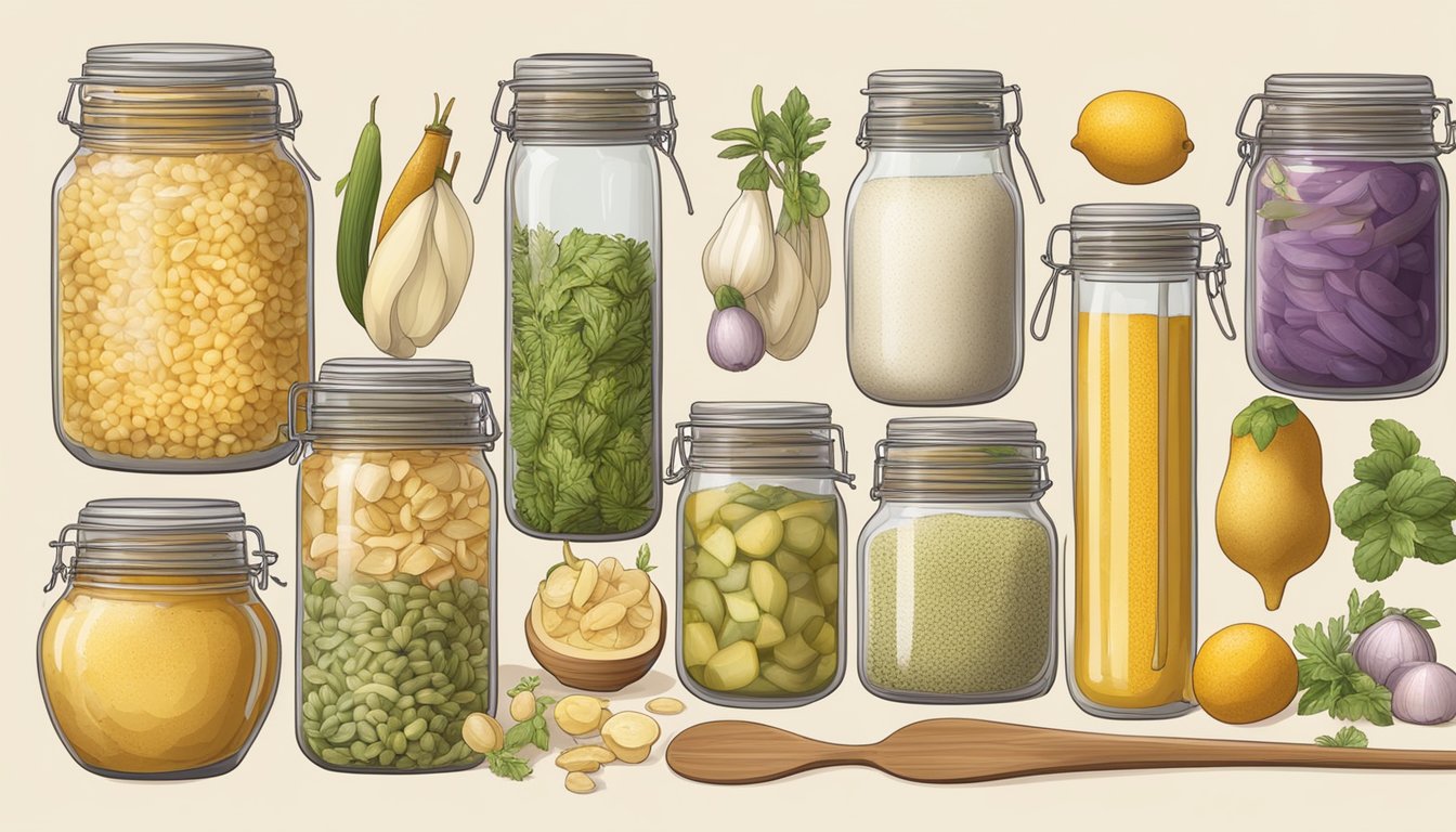 A large jar of fermenting boza surrounded by various ingredients and utensils