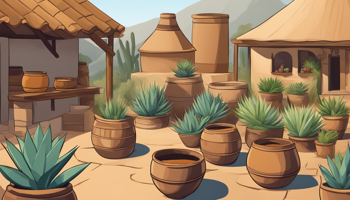 A traditional pulque fermentation process in a rustic Mexican setting with clay pots and agave plants