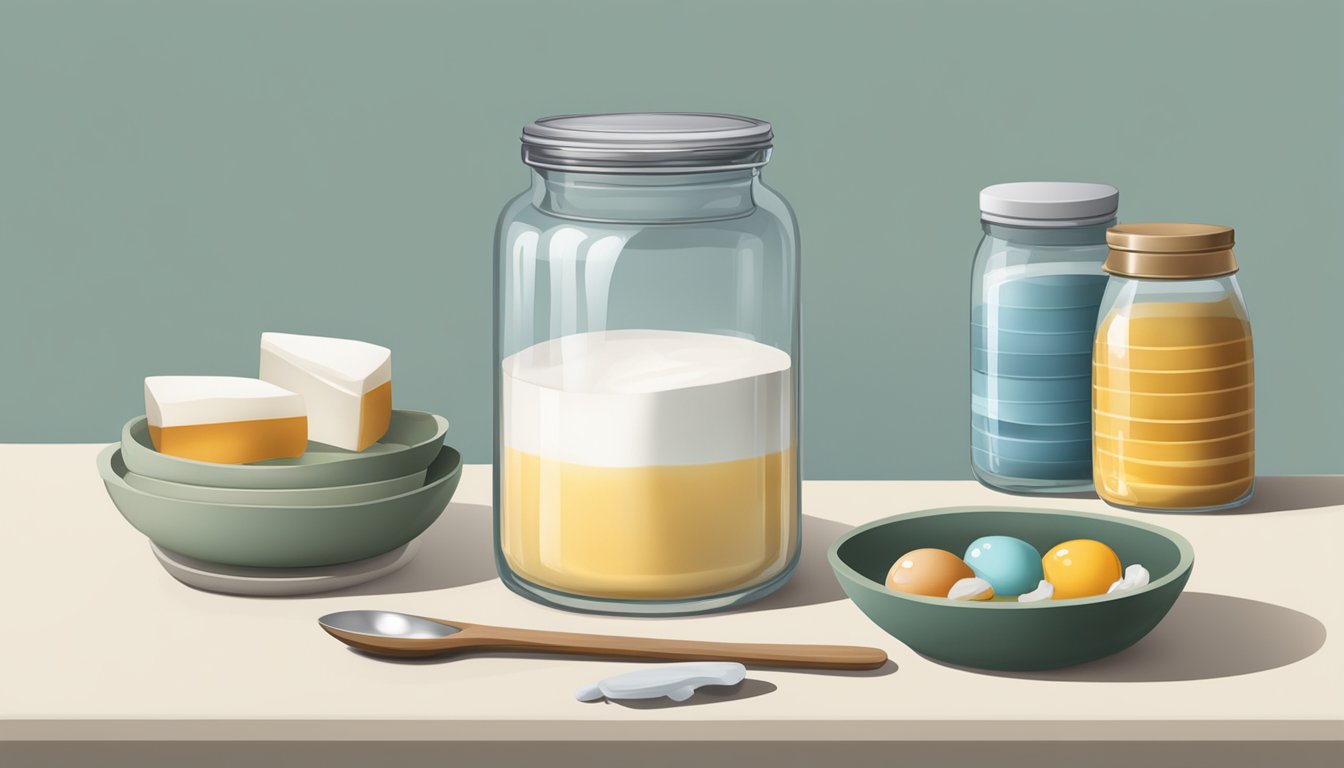 A glass jar filled with viili culture sits on a kitchen counter, surrounded by bowls of milk and a spoon. A thermometer and a cloth cover are also present