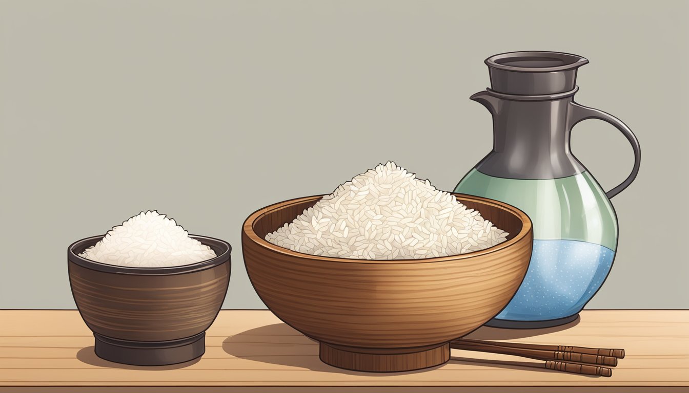 A wooden bowl filled with rice, a pot of boiling water, and a jar of fermenting makgeolli