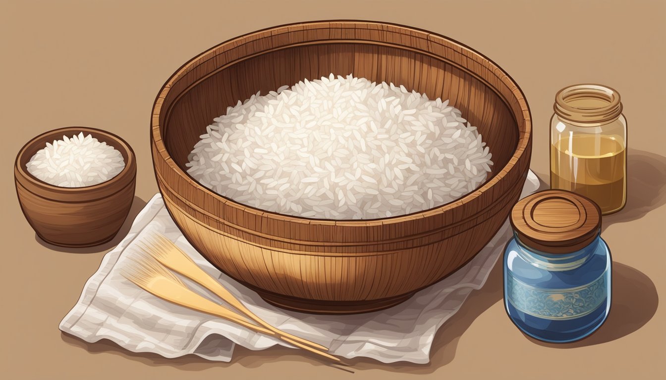 A wooden bowl filled with rice and water, a jar of nuruk, and a cloth covering the mixture