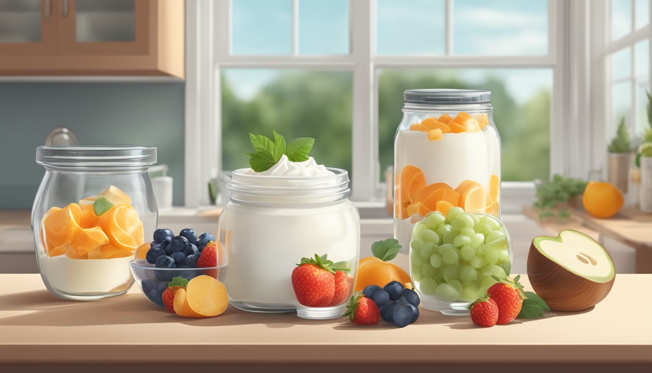 A glass jar filled with skyr sits on a kitchen counter, surrounded by bowls of fresh fruit and a small dish of probiotic culture