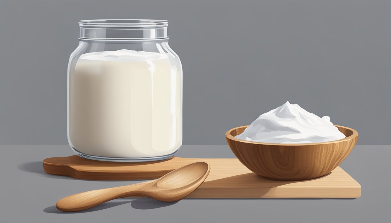 A clear glass jar filled with milk and a small bowl of skyr starter culture next to a wooden spoon and a cloth covering the top of the jar