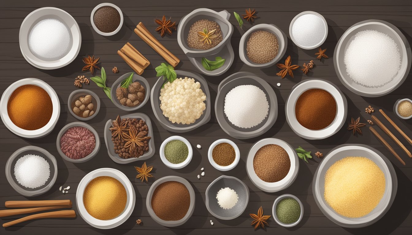 A table with a variety of spices, garlic, and ground meat, along with bowls of salt and sugar, and a large mixing bowl