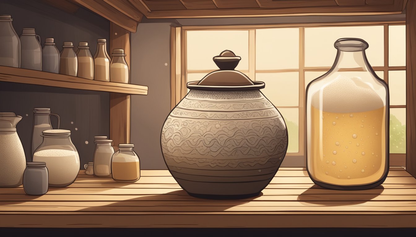 A clay jar sits on a wooden shelf, filled with fermenting makgeolli. Bubbles rise to the surface, indicating the active fermentation process