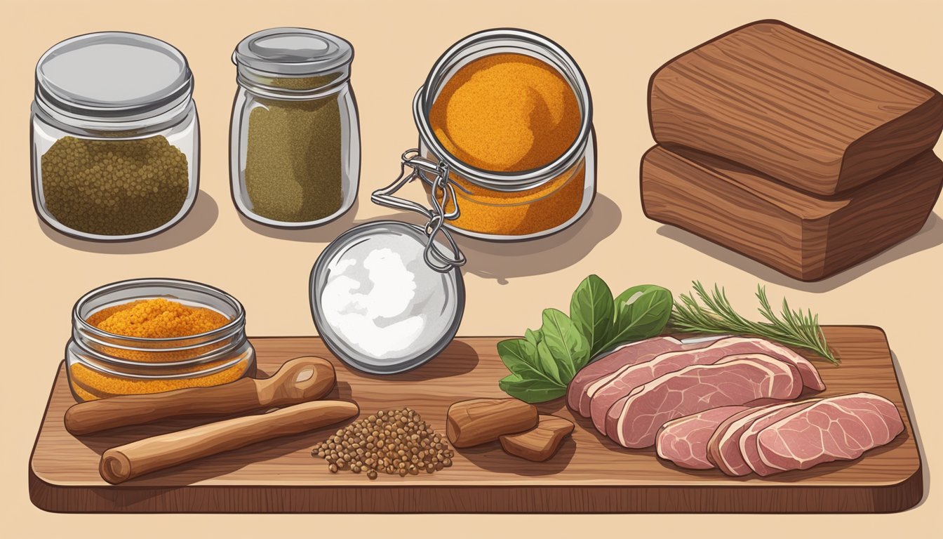 A wooden cutting board with various spices and a piece of meat being prepared for fermentation in a glass jar