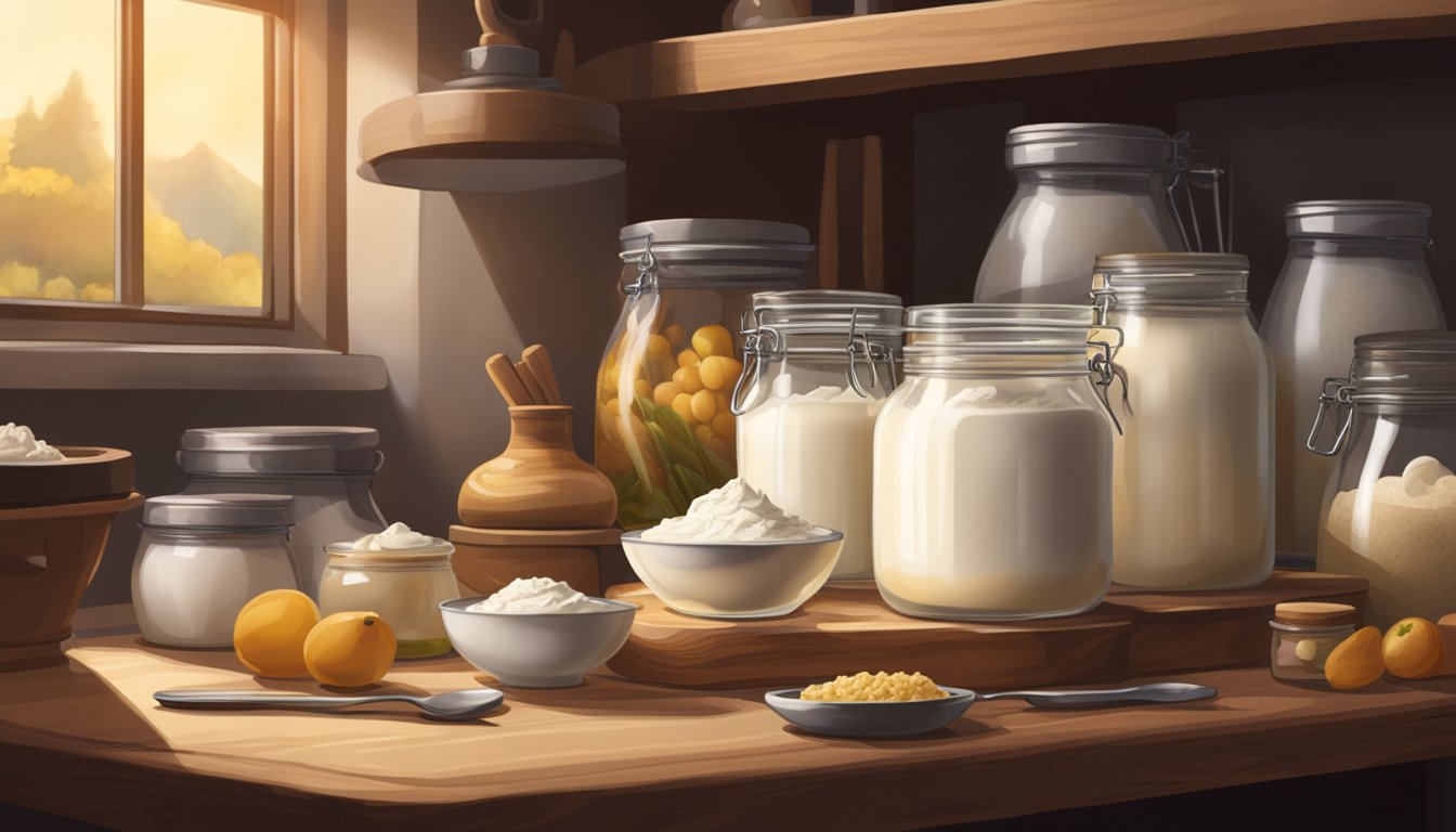 A glass jar filled with creamy skyr sits on a wooden shelf, surrounded by various fermentation tools and ingredients. The room is warm and dimly lit, with a sense of anticipation in the air