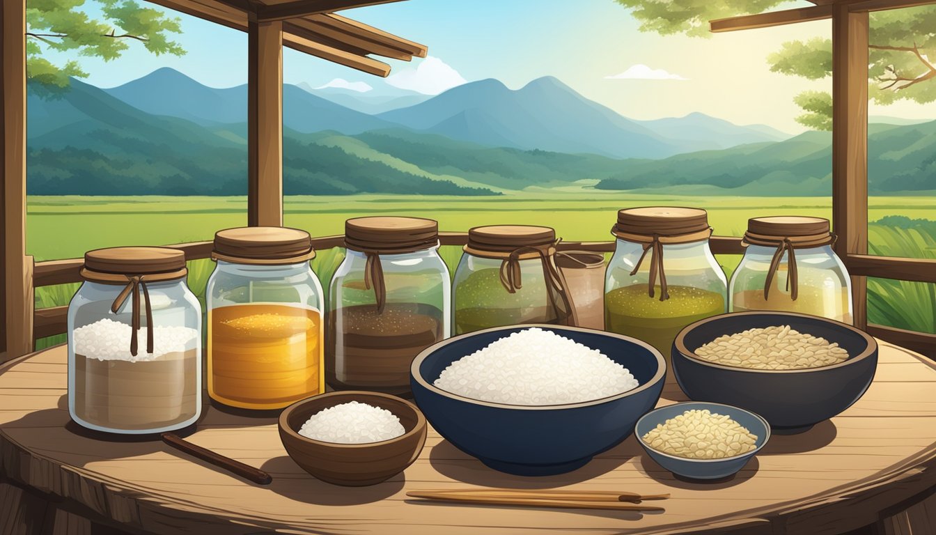 A rustic wooden table with various fermentation jars, rice, and traditional Korean brewing tools. A serene countryside backdrop with a clear blue sky