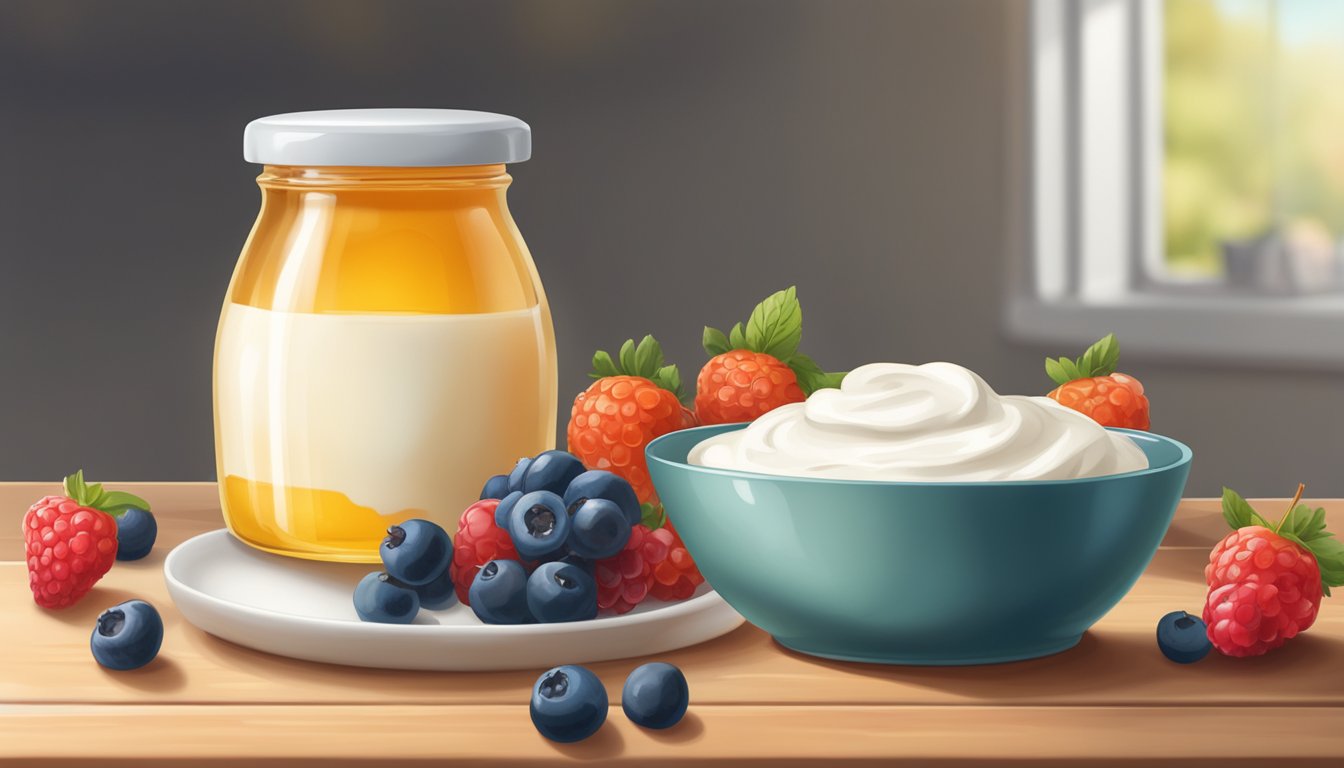 A glass jar filled with creamy skyr sits on a wooden countertop, next to a bowl of fresh berries and a small dish of honey