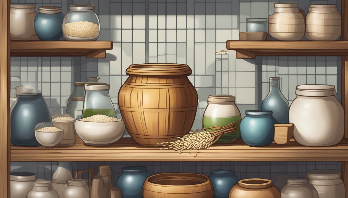 A ceramic jar filled with rice, water, and nuruk sits on a wooden shelf, surrounded by various fermentation tools and ingredients