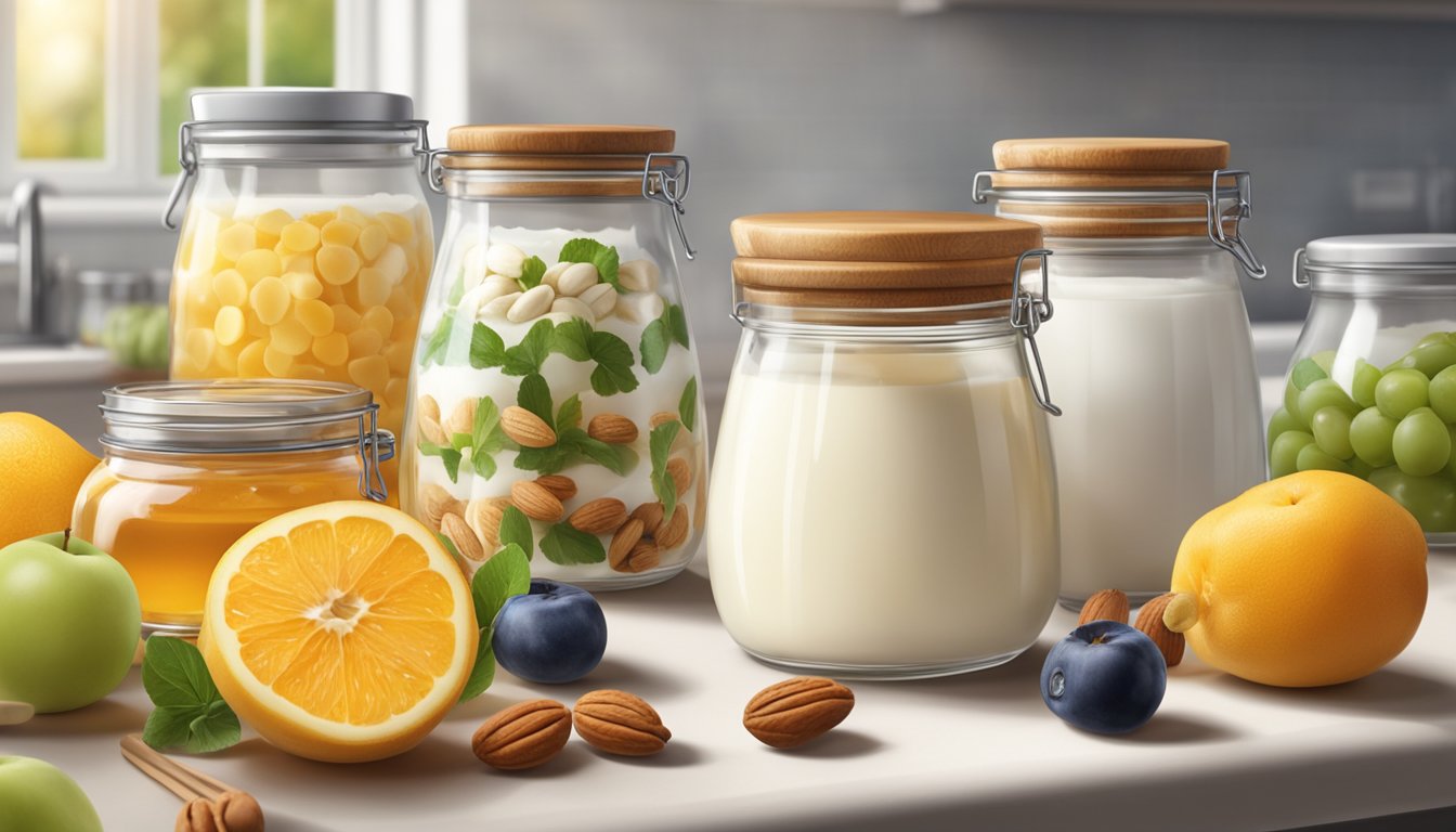 A glass jar filled with skyr sits on a kitchen counter, surrounded by various flavoring ingredients like fruit, honey, and nuts