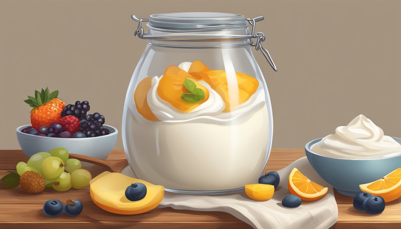 A clear glass jar filled with skyr sits on a wooden countertop, surrounded by bowls of various fruits and honey. A wooden spoon and a cloth cover the jar