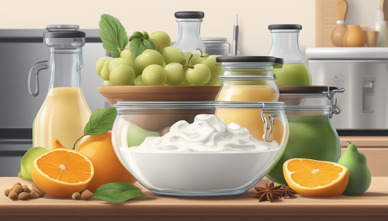 A glass jar filled with skyr sits on a kitchen counter, surrounded by bowls of various fruits and spices. A thermometer is placed nearby to monitor the fermentation process