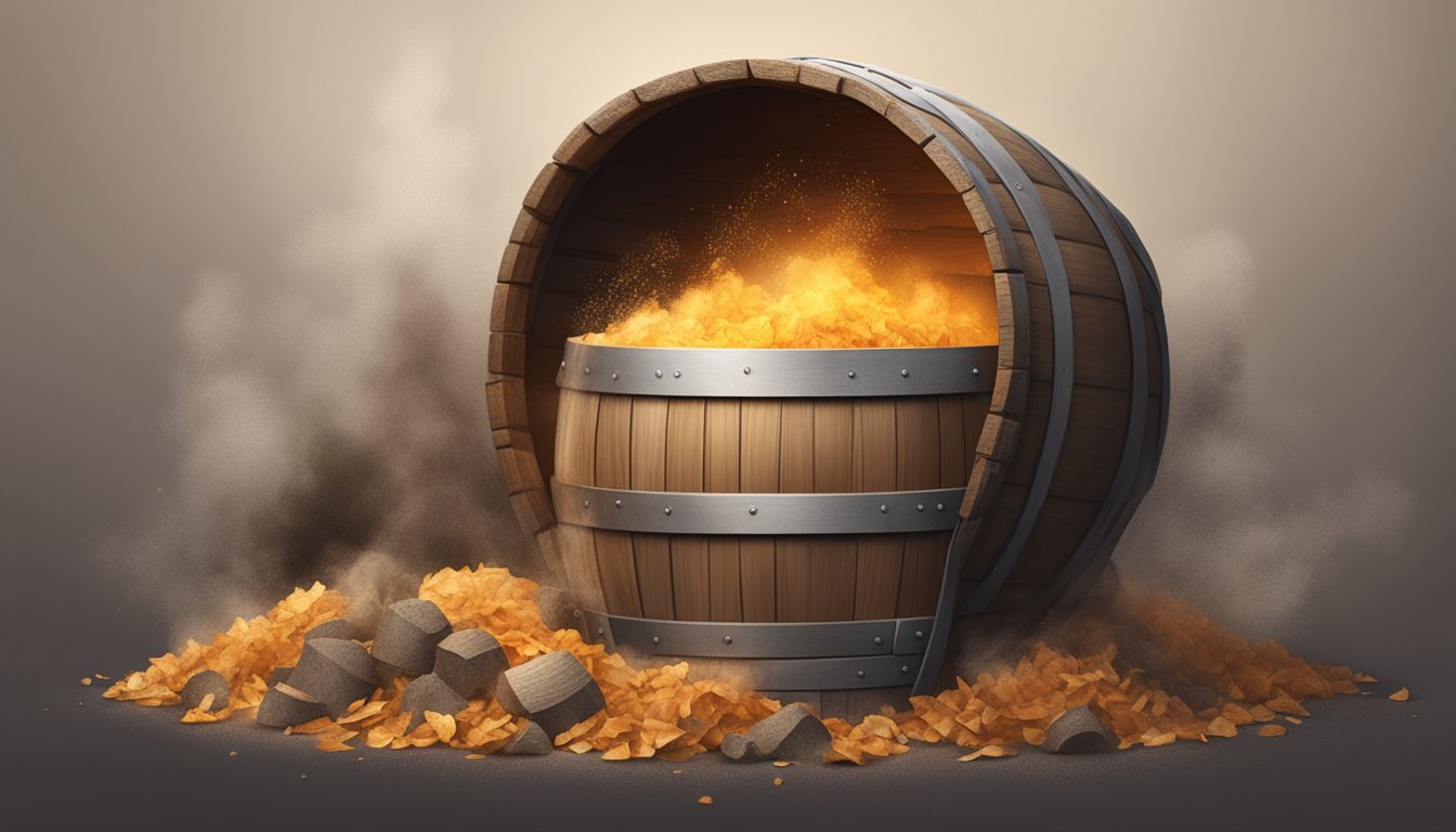 A wooden barrel filled with fermenting hzi kolbsz, surrounded by smoke rising from the smoldering wood chips