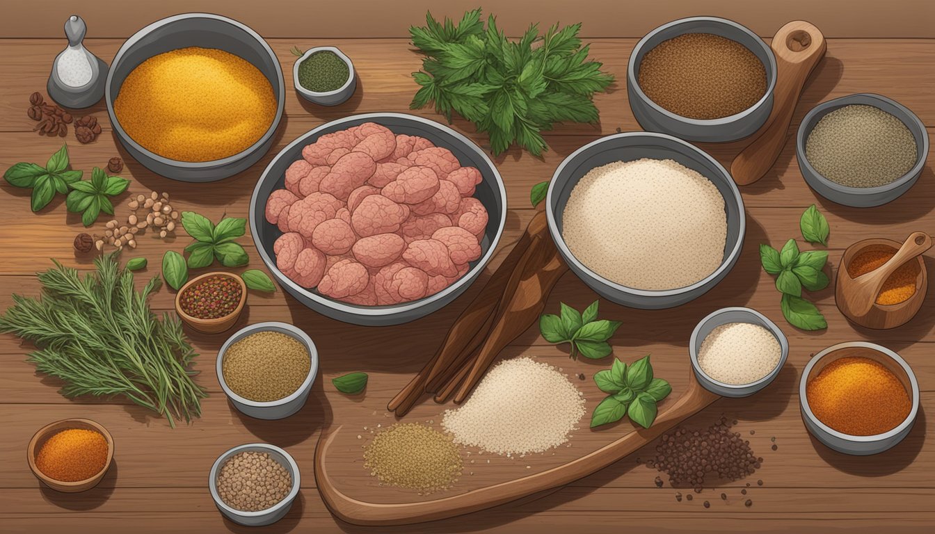 A wooden table with various spices and herbs spread out, alongside a large bowl of ground meat being mixed with the ingredients