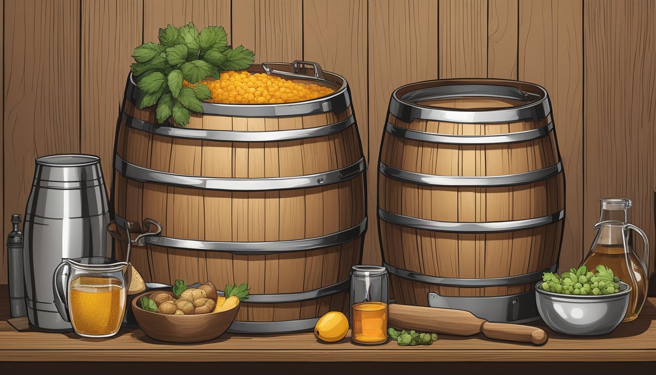 A wooden barrel sits next to a sleek, stainless steel fermentation vessel. Surrounding them are various ingredients and tools for fermenting hzi kolbsz