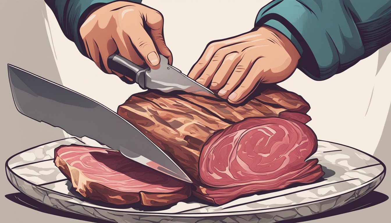 A butcher slicing a perfectly marbled piece of pastrami with a sharp knife