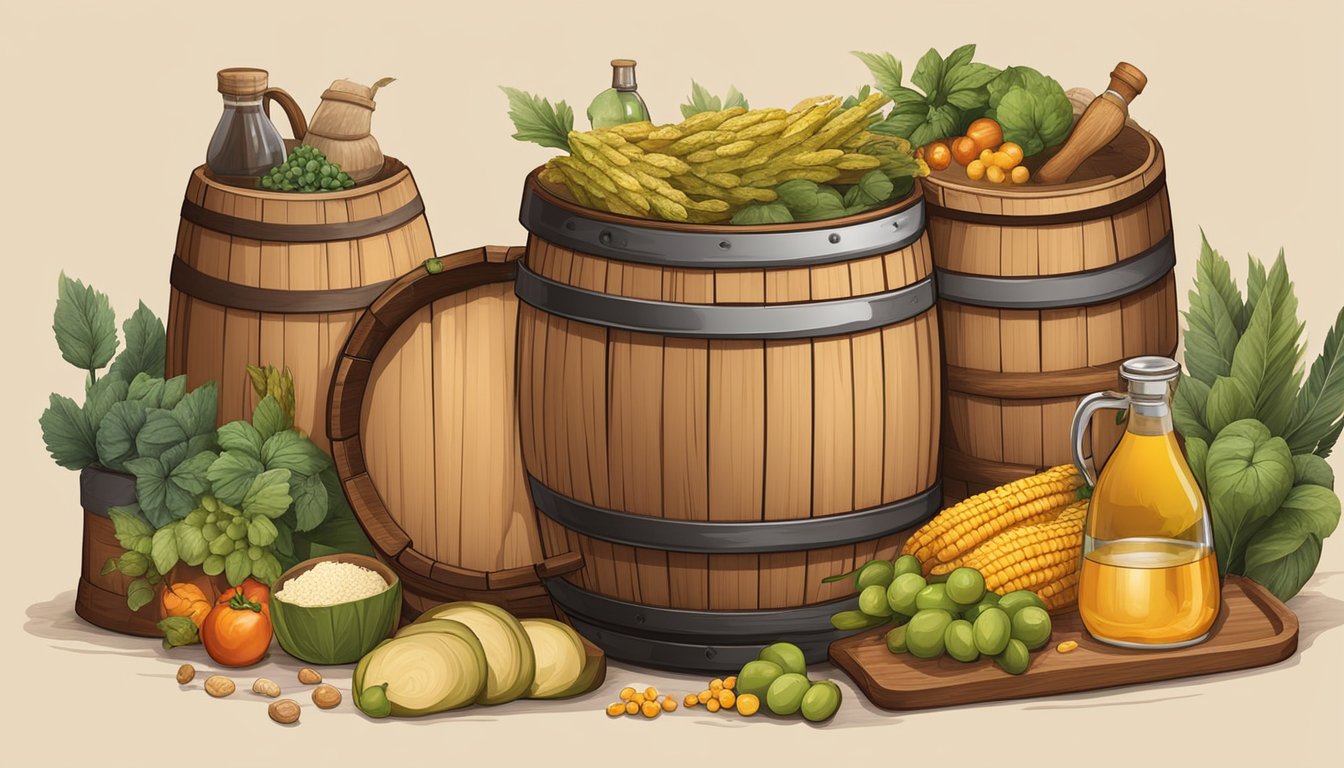 A wooden barrel filled with fermenting choujiu, surrounded by various ingredients and tools for the fermentation process