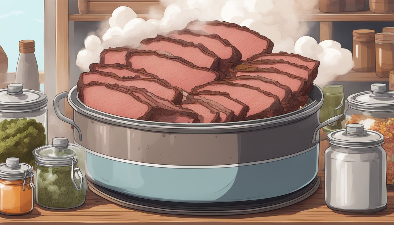 A large piece of pastrami sits in a steaming pot, surrounded by jars of fermenting ingredients and a cloud of steam rising from the pot