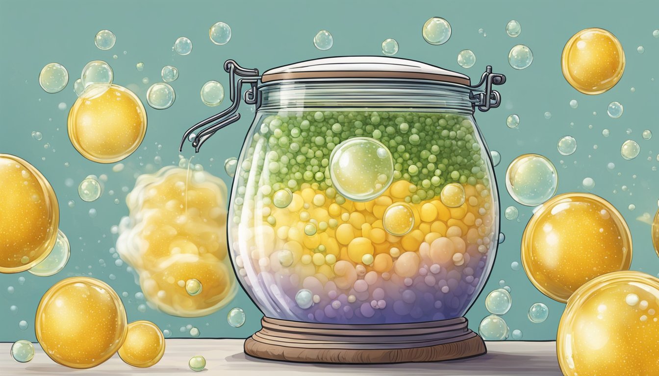 A large ceramic jar filled with fermenting choujiu, bubbles rising to the surface as the liquid transforms over time