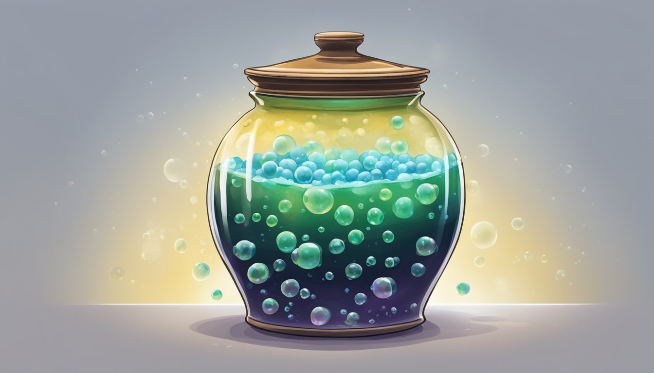 A large ceramic jar filled with fermenting choujiu, bubbles rising to the surface as the liquid slowly transforms