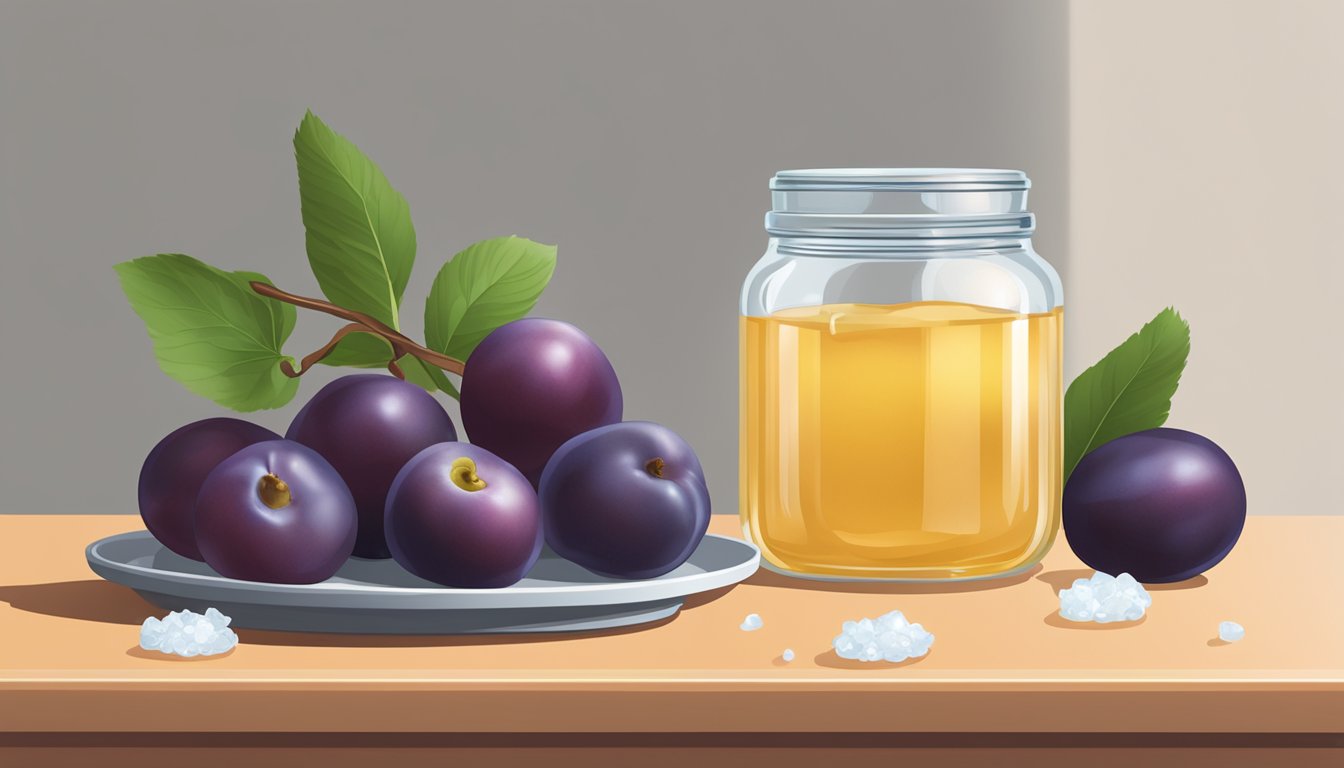 A jar of ume plums and salt sitting on a countertop, with a bowl of water and a weight on top of the plums