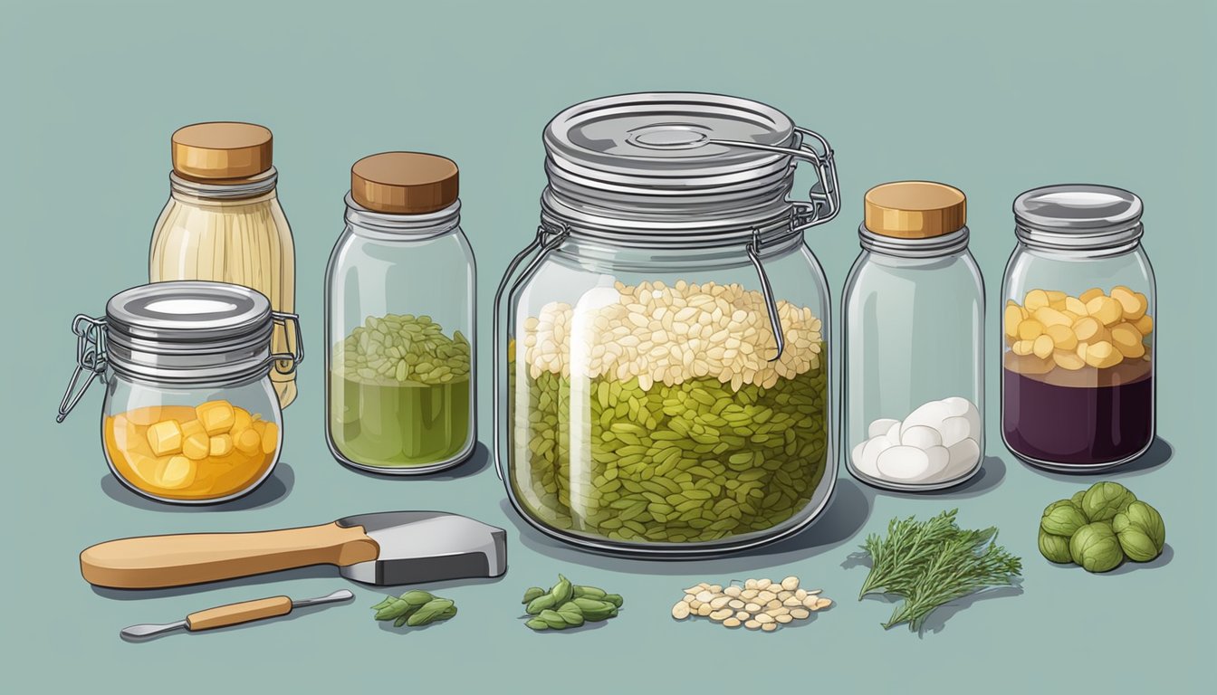 A glass jar filled with fermenting choujiu, surrounded by various ingredients and tools for troubleshooting common fermentation issues