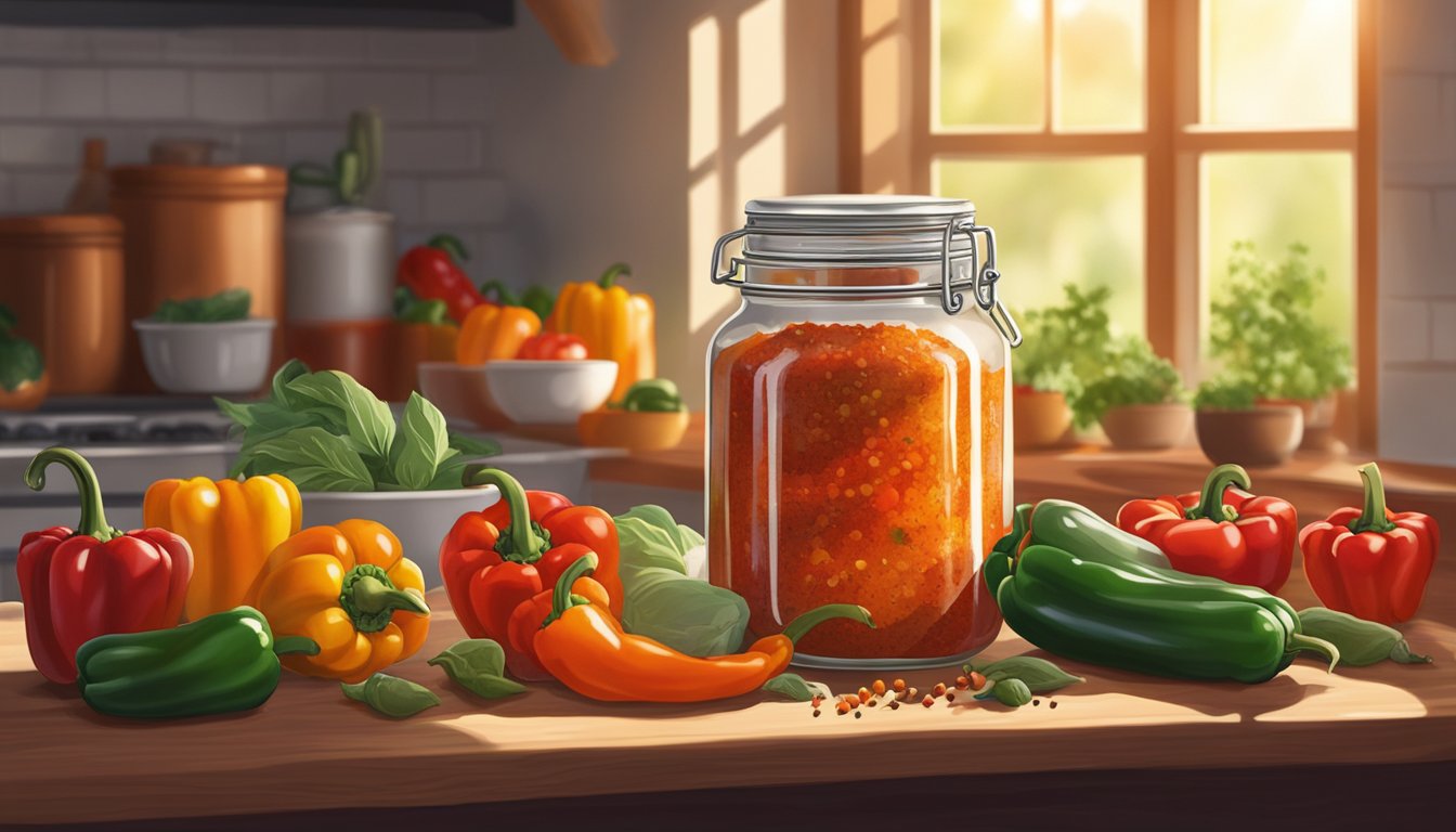 A jar of fermenting ajvar sits on a kitchen counter, surrounded by colorful peppers, garlic, and spices. The sunlight streams through the window, casting a warm glow on the ingredients