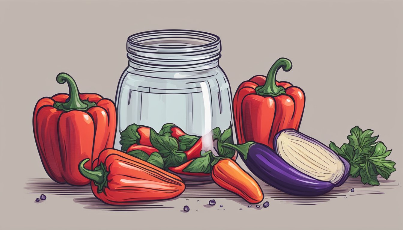 Fresh red peppers and eggplants are being chopped and mixed with salt in a large bowl. The mixture is then left to ferment in a glass jar